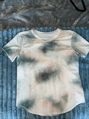Lululemon White Tee with Green and Peach Spray Effect